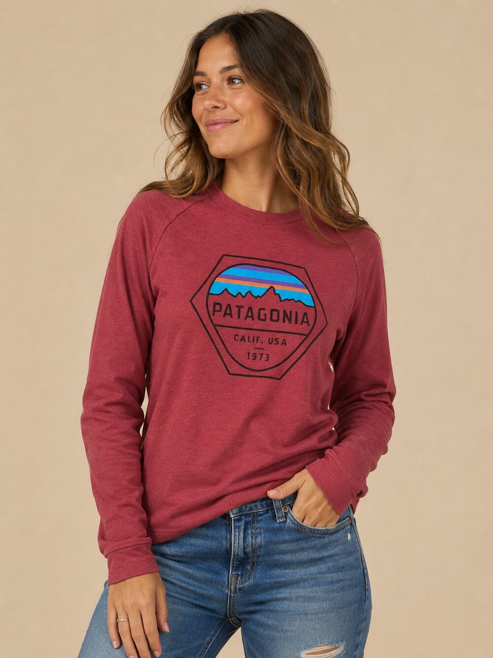 Patagonia Organic Cotton Graphic Long Sleeve Shirt XS Red